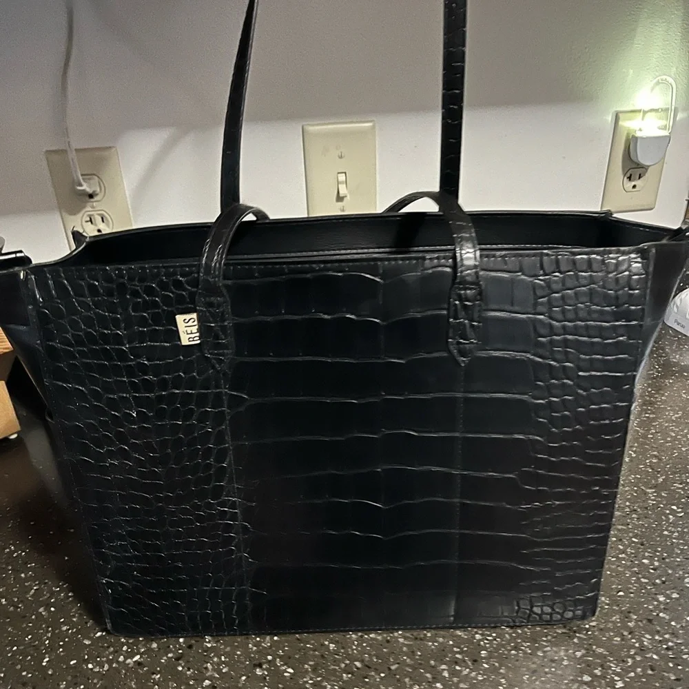 Large Black Croc-Embossed Tote Bag